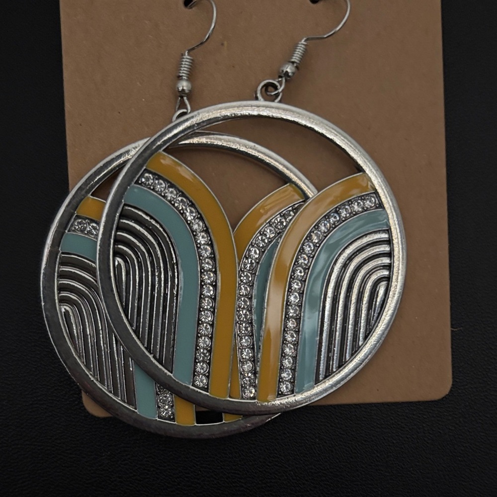 Silver, enamel and rhinestone Geometric Earrings